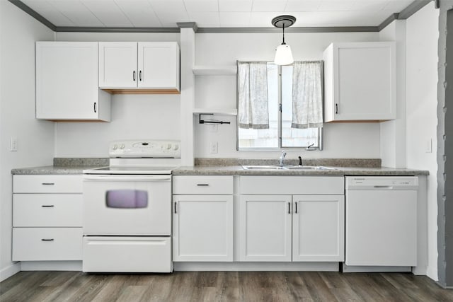 1635 Keith Dr NE, Cedar Rapids, IA 52402 - kitchen featuring white appliances, ornamental molding, white cabinets, dark wood-type flooring, and hanging light fixtures