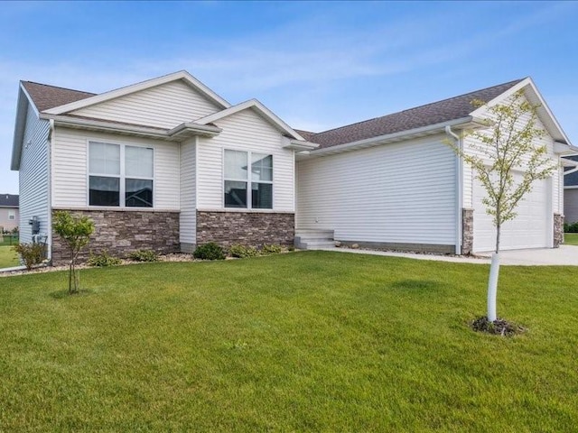 1326 Echo Ridge Ln, Marion, IA 52302 - view of front of home with a garage, stone siding, a front yard, and concrete driveway