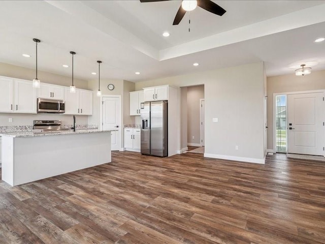 1326 Echo Ridge Ln, Marion, IA 52302 - kitchen featuring stainless steel appliances, a ceiling fan, dark wood-style floors, white cabinetry, and recessed lighting