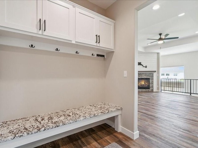1326 Echo Ridge Ln, Marion, IA 52302 - mudroom with a ceiling fan, dark wood-type flooring, recessed lighting, and a stone fireplace