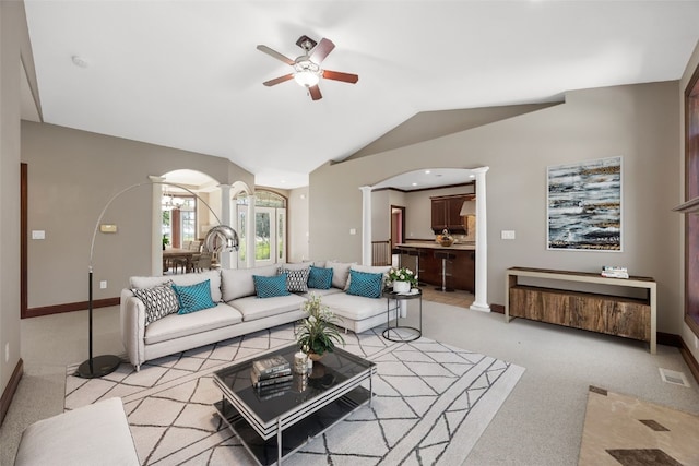 4452 Plumberry Rd, Ely, IA 52227 - living room featuring ceiling fan, lofted ceiling, and light carpet