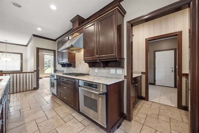4452 Plumberry Rd, Ely, IA 52227 - kitchen with appliances with stainless steel finishes, wall chimney range hood, stone tile flooring, dark brown cabinets, and ornamental molding