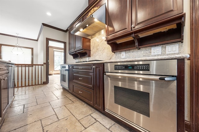4452 Plumberry Rd, Ely, IA 52227 - kitchen with oven, crown molding, stone tile floors, wall chimney range hood, and tasteful backsplash