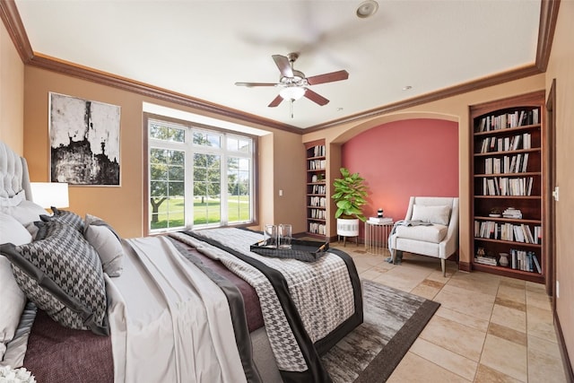 4452 Plumberry Rd, Ely, IA 52227 - bedroom with crown molding, light tile patterned floors, arched walkways, and a ceiling fan