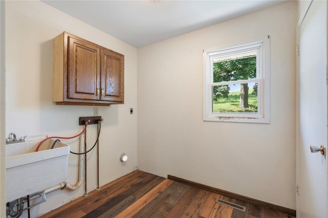 6752 29th Ave, Shellsburg, IA 52332 - washroom featuring cabinet space, dark wood-style flooring, and washer hookup
