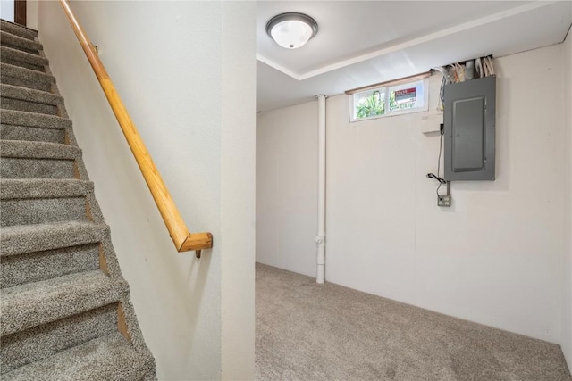 6752 29th Ave, Shellsburg, IA 52332 - basement featuring electric panel, carpet floors, and stairs