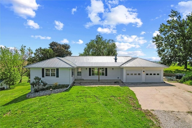 6752 29th Ave, Shellsburg, IA 52332 - ranch-style home with an attached garage, driveway, a front lawn, and a metal roof