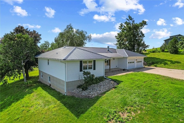 6752 29th Ave, Shellsburg, IA 52332 - ranch-style home featuring an attached garage, concrete driveway, a metal roof, and a front yard
