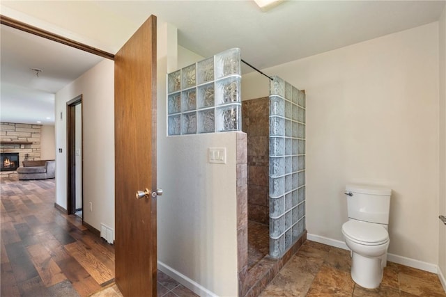 6752 29th Ave, Shellsburg, IA 52332 - bathroom featuring a walk in shower and a fireplace