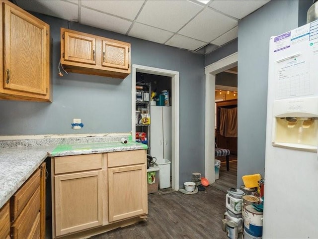 1551 C Ave NE, Cedar Rapids, IA 52402 - kitchen featuring dark wood finished floors, light countertops, a drop ceiling, and light brown cabinetry