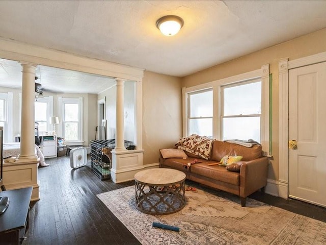 1551 C Ave NE, Cedar Rapids, IA 52402 - living room featuring decorative columns and dark wood finished floors