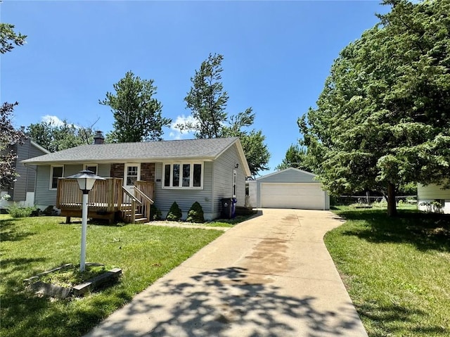 72 Fleetwood Rd NW, Cedar Rapids, IA 52405 - view of front of house with a garage, an outdoor structure, a wooden deck, a front yard, and a chimney