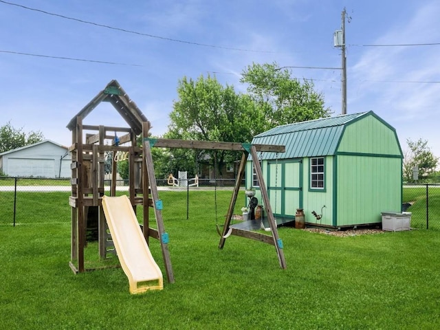 300 6th Ave, Newhall, IA 52315 - view of playground featuring a fenced backyard and a storage unit