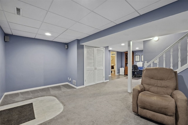 7812 Wieneke Cir, Cedar Rapids, IA 52404 - sitting room with carpet flooring, a drop ceiling, stairs, and recessed lighting