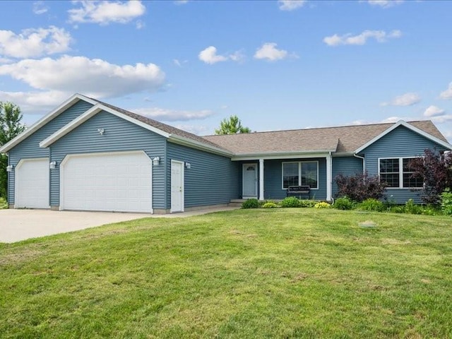3182 62nd St, Shellsburg, IA 52332 - ranch-style house with an attached garage, a front lawn, covered porch, and concrete driveway