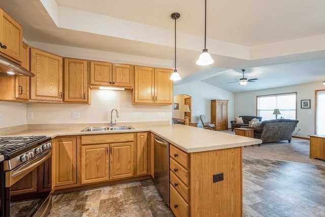 919 Deer Run Dr NE, Cedar Rapids, IA 52402 - kitchen featuring appliances with stainless steel finishes, a peninsula, arched walkways, a ceiling fan, and light countertops