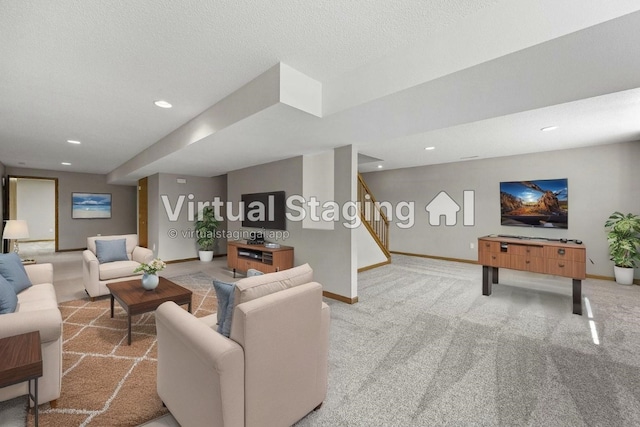 7603 Hampshire Dr NE, Cedar Rapids, IA 52402 - living room featuring stairs, carpet flooring, and recessed lighting