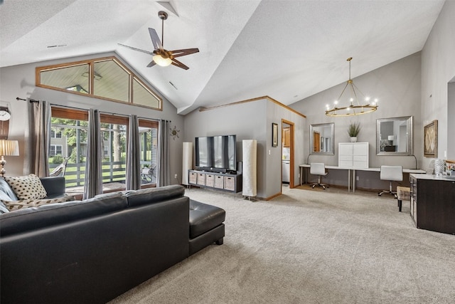 4725 Westchester Dr NE Unit C, Cedar Rapids, IA 52402 - carpeted living room with a chandelier, an office area, a ceiling fan, and high vaulted ceiling