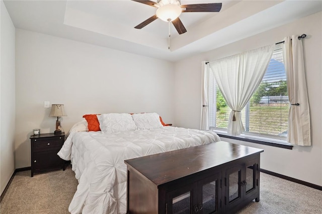 915 Prairie View Dr, West Branch, IA 52358 - bedroom with a tray ceiling, light colored carpet, and a ceiling fan