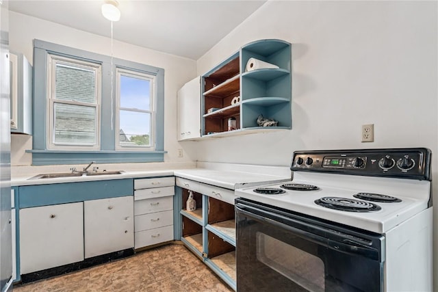 835 10th St SW, Cedar Rapids, IA 52404 - kitchen with electric stove, open shelves, light countertops, and white cabinets