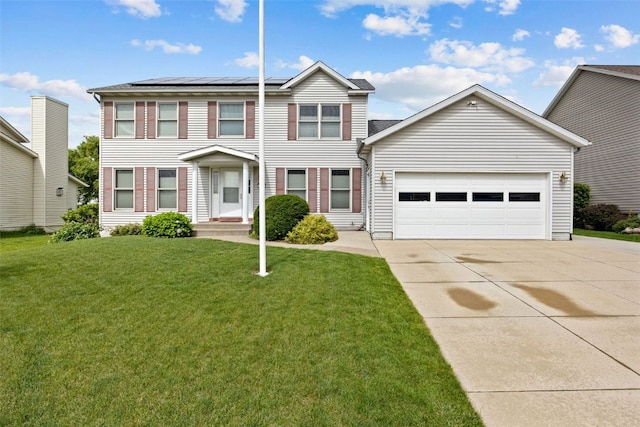 1720 Charleston Dr, Marion, IA 52302 - view of front of home featuring concrete driveway, roof mounted solar panels, a garage, and a front yard