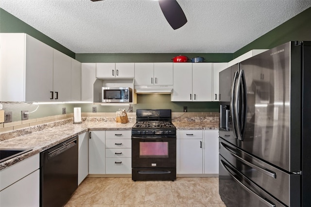 1720 Charleston Dr, Marion, IA 52302 - kitchen with black appliances, under cabinet range hood, a textured ceiling, white cabinetry, and ceiling fan