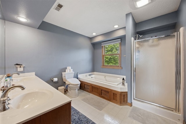 1720 Charleston Dr, Marion, IA 52302 - bathroom with a shower stall, a bath, double vanity, and a textured ceiling