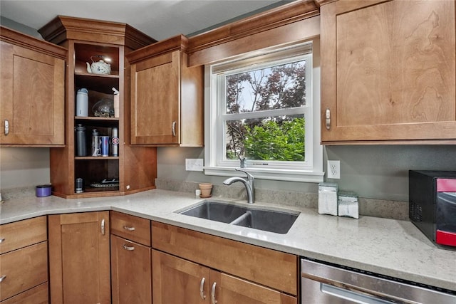 115 3rd St NE, Mount Vernon, IA 52314 - kitchen featuring stainless steel dishwasher, open shelves, and brown cabinetry