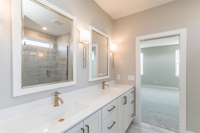 5750 Meadow Grass Cir SE, Cedar Rapids, IA 52403 - full bathroom featuring double vanity and a shower stall