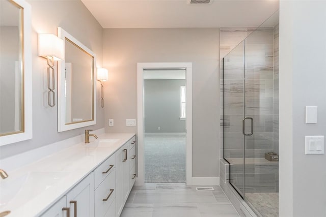 5750 Meadow Grass Cir SE, Cedar Rapids, IA 52403 - full bath featuring marble look tiles, double vanity, and a stall shower