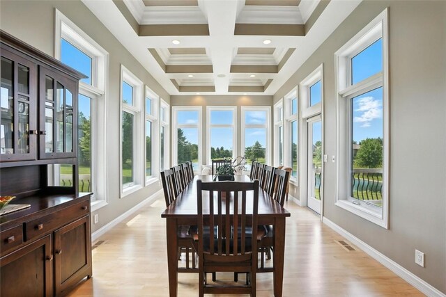 701 Sherwood Dr, Iowa City, IA 52245 - sunroom / solarium featuring coffered ceiling, beamed ceiling, wood finished floors, crown molding, and recessed lighting