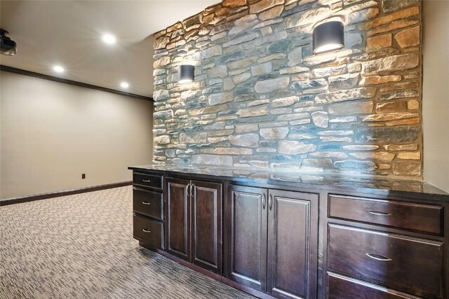 701 Sherwood Dr, Iowa City, IA 52245 - bar area featuring carpet flooring, crown molding, and recessed lighting