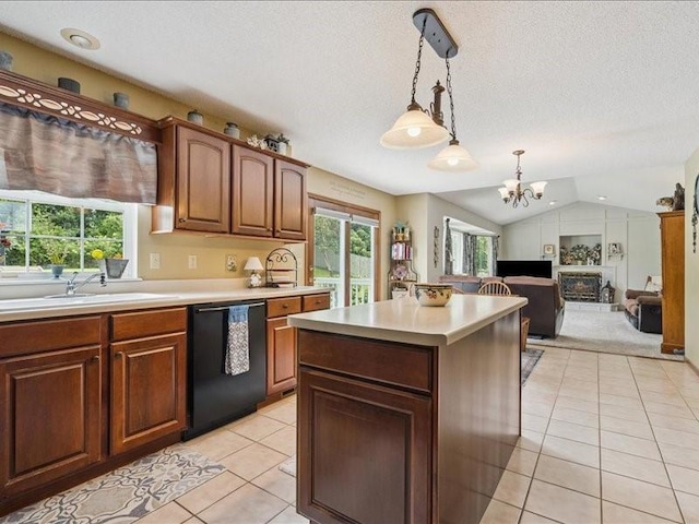 725 High Point Dr SW, Cedar Rapids, IA 52404 - kitchen featuring black dishwasher, light tile patterned floors, light countertops, a chandelier, and lofted ceiling