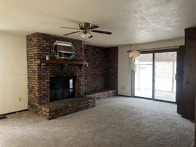 201 S 8th Ave, Vinton, IA 52349 - unfurnished living room with a textured ceiling, carpet flooring, ceiling fan, and a brick fireplace