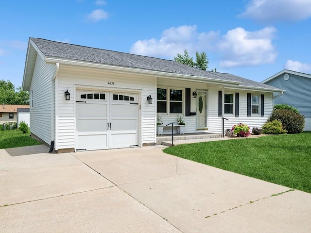 4634 Twin Pine Dr NE, Cedar Rapids, IA 52402 - ranch-style home featuring concrete driveway, a front yard, a garage, a porch, and a shingled roof