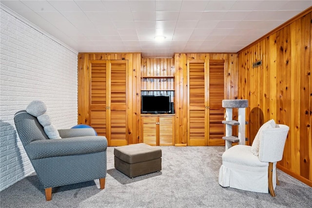 4633 White Pine Dr NE, Cedar Rapids, IA 52402 - carpeted living area with brick wall and wood walls