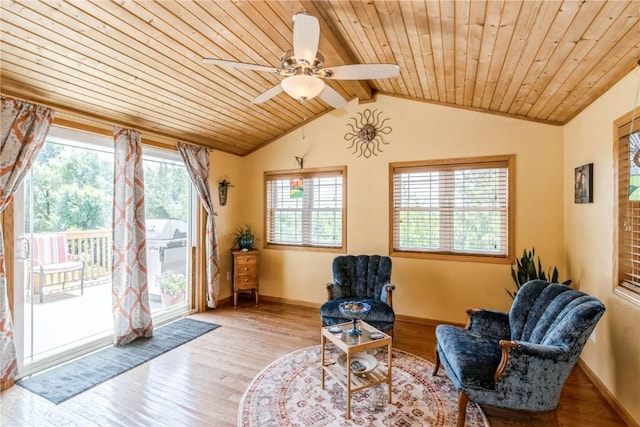 1017 Langenberg Ave, Iowa City, IA 52240 - living area featuring wood finished floors, wooden ceiling, and a ceiling fan
