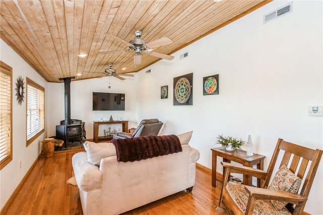 1017 Langenberg Ave, Iowa City, IA 52240 - living room with wooden ceiling, a wood stove, light wood-type flooring, vaulted ceiling, and ceiling fan