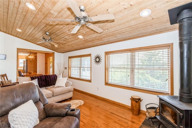1017 Langenberg Ave, Iowa City, IA 52240 - living area featuring a wood stove, lofted ceiling, wood ceiling, wood finished floors, and ceiling fan