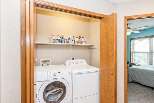 1017 Langenberg Ave, Iowa City, IA 52240 - laundry room featuring washer and dryer, carpet, and a ceiling fan
