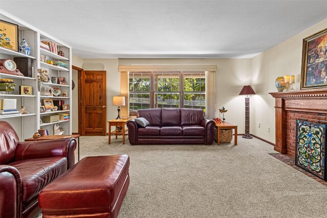 927 Southlawn Dr, Iowa City, IA 52245 - living area with carpet and a brick fireplace