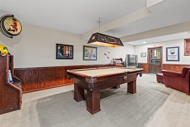 927 Southlawn Dr, Iowa City, IA 52245 - playroom featuring a wainscoted wall, wood walls, carpet, and pool table