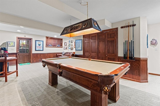 927 Southlawn Dr, Iowa City, IA 52245 - playroom featuring wainscoting, light carpet, billiards, wooden walls, and recessed lighting