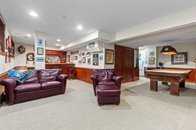 927 Southlawn Dr, Iowa City, IA 52245 - playroom featuring light colored carpet, a wainscoted wall, bar area, billiards, and wooden walls
