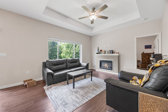 281 Danielle St, Iowa City, IA 52245 - living room with a tray ceiling, dark wood-style floors, ceiling fan, and a glass covered fireplace