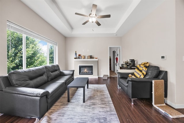 281 Danielle St, Iowa City, IA 52245 - living room featuring a tray ceiling, wood finished floors, ceiling fan, and a glass covered fireplace