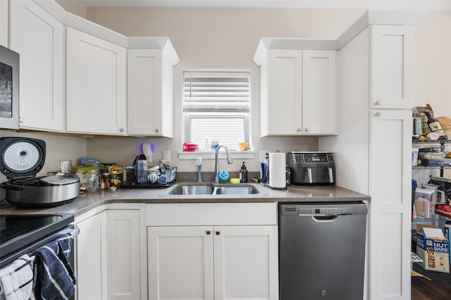 281 Danielle St, Iowa City, IA 52245 - kitchen featuring stainless steel dishwasher, white cabinetry, black electric range oven, and stone countertops