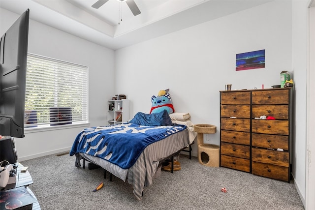 281 Danielle St, Iowa City, IA 52245 - carpeted bedroom featuring a raised ceiling and a ceiling fan
