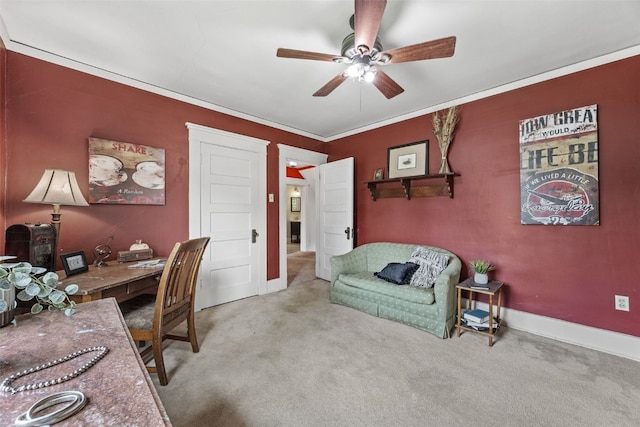 2144 Grande Ave SE, Cedar Rapids, IA 52403 - home office featuring carpet floors, ceiling fan, and crown molding