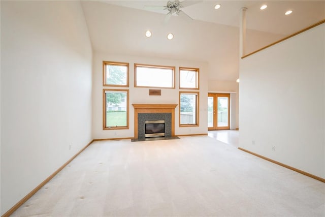 2500 Creekside Dr, Hiawatha, IA 52233 - unfurnished living room featuring high vaulted ceiling, carpet floors, a premium fireplace, recessed lighting, and a ceiling fan